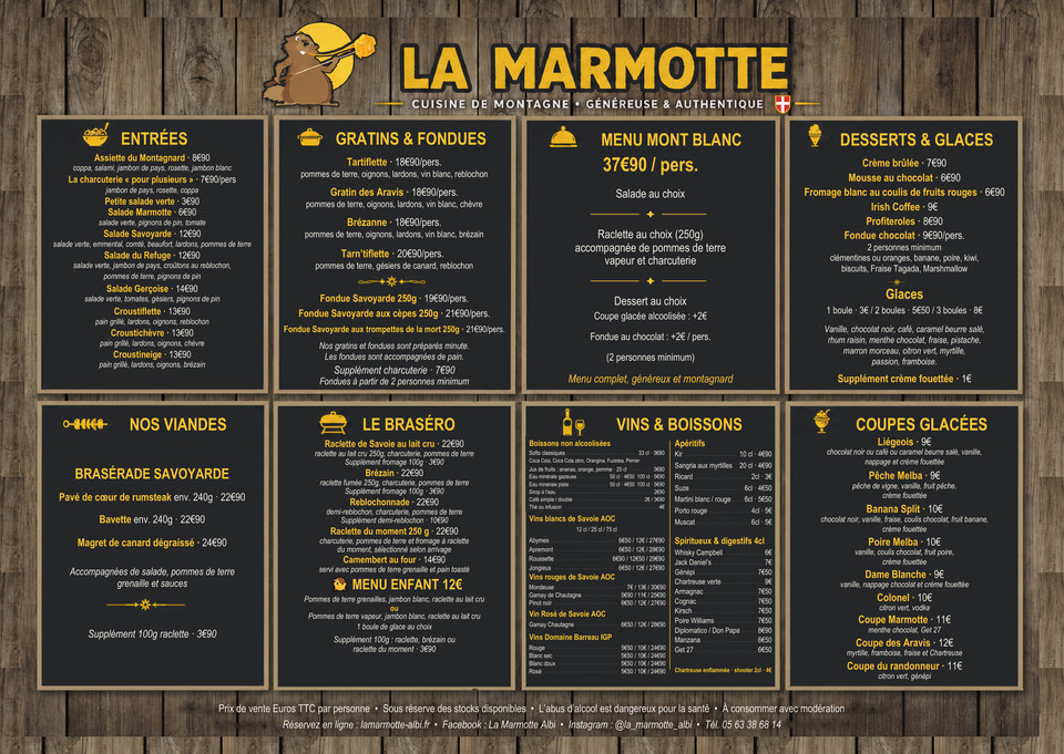 Carte complète du restaurant La Marmotte à Albi avec plats, menus, boissons et prix