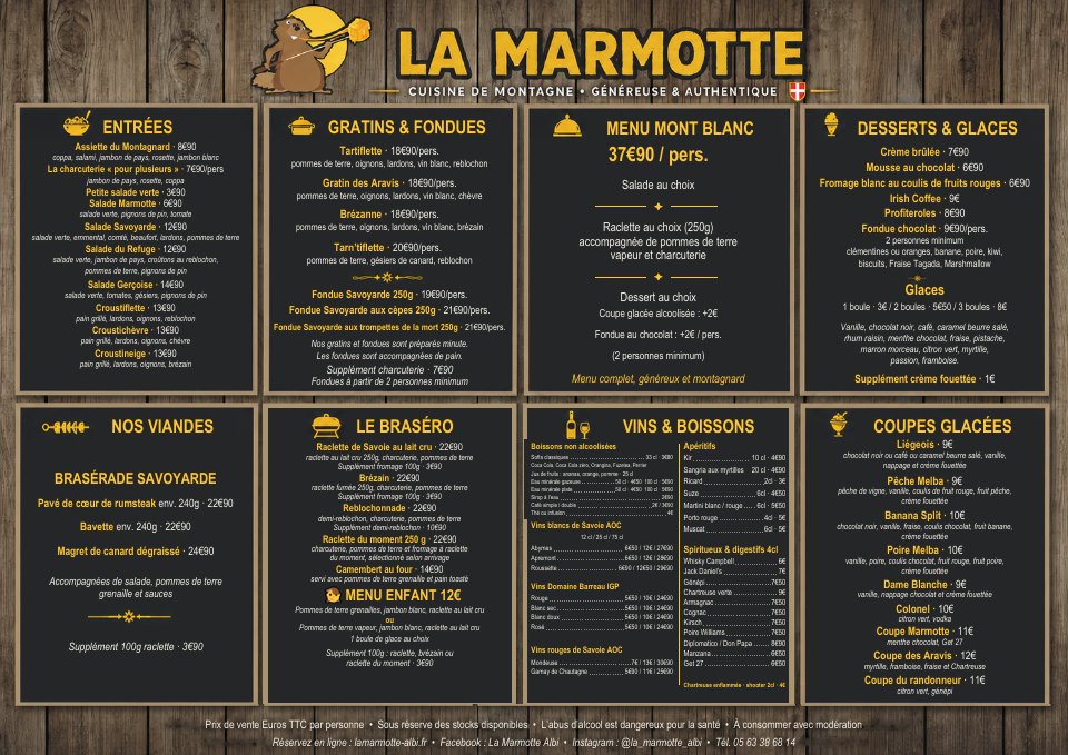 Carte complète du restaurant La Marmotte à Albi avec plats, menus, boissons et prix